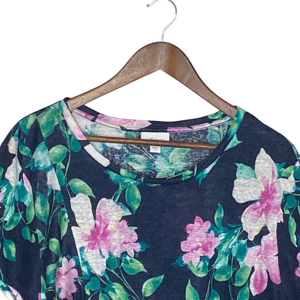 J Jill Love Linen Womens Floral Tie Front Linen Top XL Blue Pink Tropical Resort - Picture 2 of 12